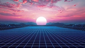 Download Synthwave Vibes Animation Journey into the world of Vaporwave with Neon Sunset and Digital Grid Landscape. for free