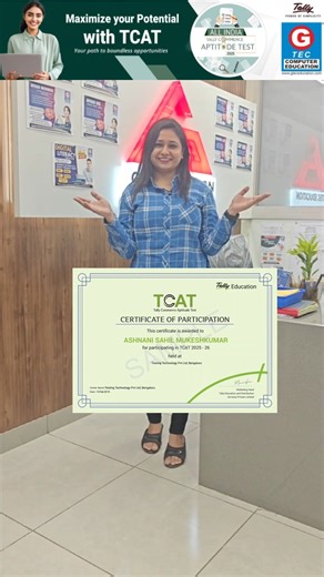 G-TEC COMPUTER EDUCATION RANCHI on Instagram: "Come and get a certificate from Tally, Bangalore. 📝 What you need to do: • Appear for the T-CAT (Tally Commerce Aptitude Test) • The exam will be conducted online 🎓 Who can appear: • Class 11 & 12 students • UG (Undergraduate) candidates • PG (Postgraduate) candidates 📍 Address: G-TEC Computer Education 4th Floor, M R Tower, Behind Gopal Complex, Line Tank Road, Ranchi 📞 Contact: 9031046699 | 9031046700 📌 Earn a recognized Tally certification a