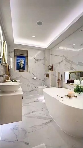 STUNNING Bathroom Design - LED Ceiling Lights , White Marble Tile With Gold Fixtures