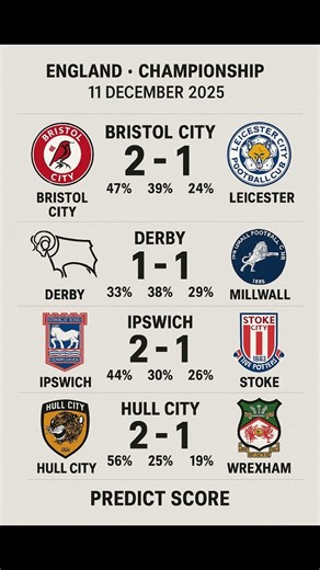 England - Championship Predict Score 11-Dec-2025 #football #soccer #bristol #derby #ipswich #hullfc