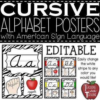 Alphabet Posters with ASL Hand Signs | Zebra Print Theme | Cursive | EDITABLE