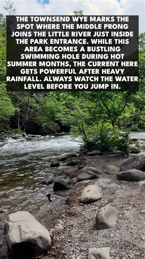 This scenic river confluence is known as the Townsend Wye where two streams meet right at the entrance to Great Smoky Mountains National Park. Located near Townsend TN this area serves as the gateway to the quieter side of the mountains away from the crowds of Pigeon Forge TN. This video highlights the river flowing exceptionally strong which typically happens after heavy mountain rains. During warmer months families love to swim and tube in these waters when the flow calms down. The Little Rive
