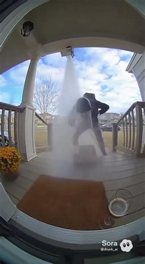Sprinkler Trap Sends Porch Pirate Running doorbell footage 2