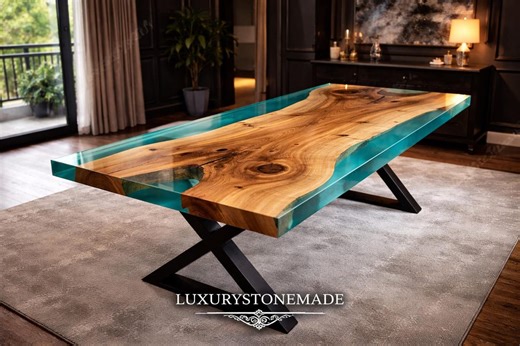 Teal Blue Epoxy Resin Wood Dining Table Custom Handmade Live Edge Table - Etsy