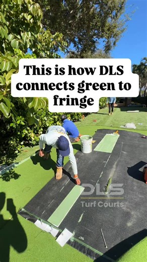 This is how we seam a putting green to the fringe the right way using zero nails and zero U-staples. Only pure technique, precision cutting, and urethane adhesive. We roll multiple 6 inch seam tape strips across the layout, spread our urethane adhesive evenly, and trim the glue lines to match the natural shape of the golf turf. For any curved edges or circles, we always cut smaller seam tape pieces so the bond matches the shape perfectly. First we slide the glued seam tape under the putting gree