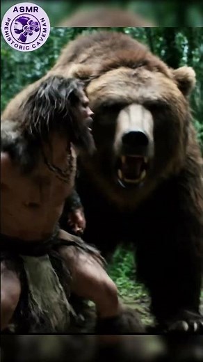 Prehistoric Caveman Fighting a Fierce Brown Bear in the Ancient Forest