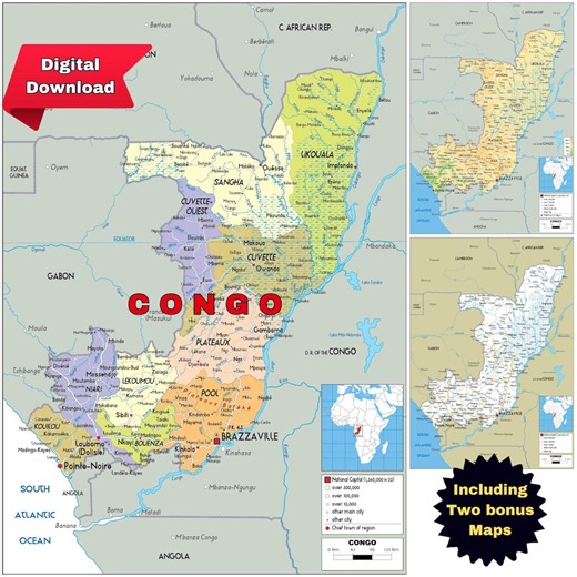 Congo Map Set: Political, Topographical & Road (printable) - Etsy Canada