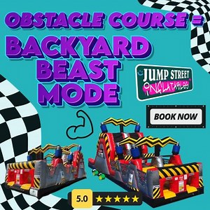  헪헮헿헻헶헻헴: 험혅혁헿헲헺헲 헙혂헻 헔헵헲헮헱! Want to wear the kids out (in the best way)? Our inflatable obstacle courses are the perfect solution. Get ready for laughs, races, and non-stop energy!  Now booking for parties & events! #HighEnergyFun #ObstacleZone #RaceToTheFinish #InflatablePartyPros #EventEssential #BackyardBeastActivated | Jump Street Inflatables | Facebook