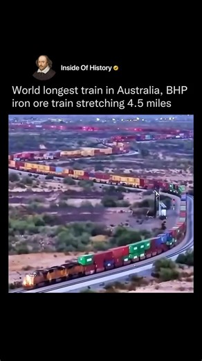Inside Of History on Instagram: "The world longest train runs in Western Australia and is operated by BHP to transport iron ore. It stretches 7.3 kilometers or 4.5 miles. The train has eight locomotives and 682 ore cars. Each trip carries over 82,000 tons of iron ore. The route runs through the Pilbara region, connecting mines to ports. In 2001, this train set a Guinness World Record for the longest train ever operated. It is designed for heavy loads and long distances, showing how large-scale m