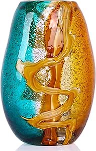 9.8" Hand-Blown Colorful Glass Vase - Green, Blue, Amber, Burnt Orange Decorative Vase for Home Decor - Modern Blue Green Glass for Centerpieces, Weddings, Living Room, Kitchen, Dining, Bedroom Decor