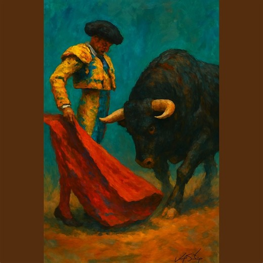 Abstract Art by Joey Santiago on Instagram: "A powerful moment frozen in motion — “Matador and Bull in Motion” captures the raw energy, color, and tradition of Spanish bullfighting. Bold brushstrokes, a vibrant traje de luces, and the iconic red cape create a dramatic, expressive scene that commands attention on any wall. Perfect for collectors of cultural art, lovers of dynamic figurative work, and anyone drawn to vivid storytelling through paint. This piece brings movement, emotion, and herita