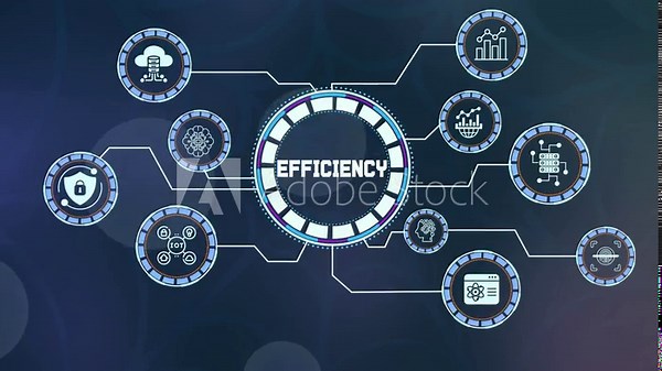 Business efficiency and productivity optimization concept with digital workflow icons and data processing.
