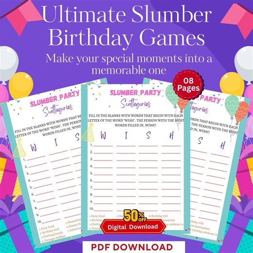8 Printable Slumber Birthday Party Girls Night Games | Would She Rather Scavenger Hunt Scattegories Games Fun Activities Instant Download - Etsy