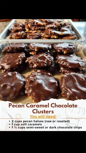 Pecan Caramel Chocolate Clusters Ingredients: - 2 cups pecan halves (raw or roasted) - 1 cup soft caramels - 2 tbsp heavy cream or milk - 1 ½ cups semi-sweet or dark chocolate chips Directions: 1. Line a baking sheet with parchment paper or a silicone baking mat. 2. In a microwave-safe bowl, combine the caramels and heavy cream or milk. 3. Microwave in 30-second intervals, stirring between each, until the caramel is fully melted and smooth. 4. Stir the pecan halves into the melted caramel until 