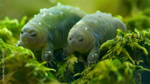 Tardigrades in their natural habitat the moss pictured in a vibrant green hue. These microscopic creatures are seen gliding through . AI generation.
