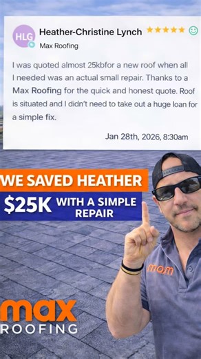 Max Roofing on Instagram: "One of our customers, Heather, found Max Roofing through a Facebook ad after another roofer quoted her $25,000 for a full roof replacement. After inspecting her roof, we found that a simple repair was all that was needed. This is exactly why we take a repair-first approach. We assess every roof — regardless of type — and prioritize repairs over replacement whenever possible. If a repair isn’t the right solution, we clearly explain why and provide replacement options wi