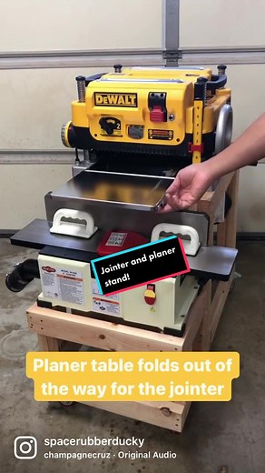 Quality of life upgrade. I got tired of using my benchtop jointer in its old spot (on the floor 😂). Since space is a premium working out of the garage, I decided to make the planer stand into a combo unit. The planer’s in-feed table clears the top of the jointer and also folds out of the way when it’s not in use. Used some small scraps to wind power cords around and there’s still plenty of room for clamp storage. I’m sure in a few months this new version will get changed again lol. Shop our web