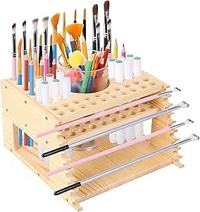 Wooden Paint Brush Holder - 73 Holes Paintbrush Organizer with Paint Brush Cleaner, Artist Supply Stand Rack for Pen,Pencil, Watercolor Brush