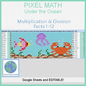 Pixel Art Math - Under the Ocean - Multiplication & Division Facts 1-12