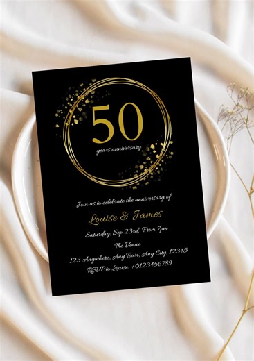 50th Wedding Anniversary Party Invitation, Black Gold Invites, Digital Download, Editable Template - Etsy