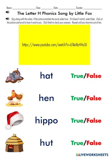 Meet the Letter H! - The Letter H Phonics Song by Little Fox worksheet