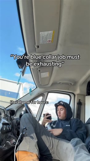 Maingreen Remodel & Construction on Instagram: "Some people swear blue-collar life is nonstop chaos — climbing, lifting, sweating every second of the day. Meanwhile it’s literally just me posted up in the work truck, sipping caffeine, scrolling, and timing my “break” perfectly so nobody asks me to do anything 😭☕️ If you know, you know. Blue-collar timing is an art 😂 credits: Isaak #Maingreen #ConstructionLife #BlueCollarHumor #FYP #WorkLife"
