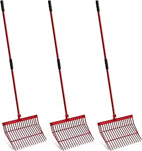 Lasnten 3 Sets Manure Fork with Long Metal Handle Pitch Fork Manure Rake Heavy Duty Muck Rake for Gardening Horse Stall Stable Grass Hay Cleaning Farm Work(Red)