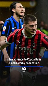 Milan have TROUNCED arch-rivals Inter in the second leg of their Coppa Italia Semi-Final tie 3-0 to take a 4-1 win on aggregate. The Rossoneri put Inter to the sword to advance to the final, thanks to a double from striker Luka Jović and a late sealer from Tijjani Reijnders. Milan will face the winner on aggregate between Empoli and Bologna in the Coppa Italia Final, with the Rossoblù entering the second leg with a 3 goal advantage. Watch all of the Coppa Italia action LIVE on Paramount Plus. #c