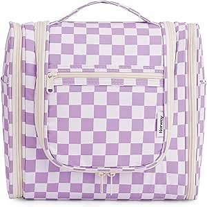 Narwey Checkered Hanging Travel Toiletry Bag for Women, Travel Bag for Toiletries, Makeup Bag Organizer Cosmetic Bags Make Up Bags for Women (Purple Checkerboard)