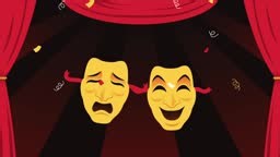 Comedy and tragedy masks appear on stage.