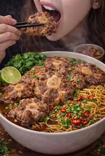 Giant Oxtail Noodle Soup 🍜🔥 Rich, slow-braised oxtail, chewy noodles, spicy chili, and crispy garlic… every bite is pure comfort! ASMR food heaven 🤤 ASMRfood #F#FoodASMRO#OxtailSoupN#NoodleSoupMukbang 🔥🔥🔥💯💯💯