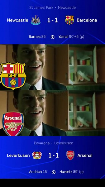 POV: You check the scores in the 85th minute vs. the 95th minute... 💀📈 ​Both Arsenal and Barca saving their lives with a Last Minute Penalty. Is the scriptwriter getting lazy? ✍️⚽ #Arsenal #FCBarcelona #UCL #FootballMemes #MATE1175