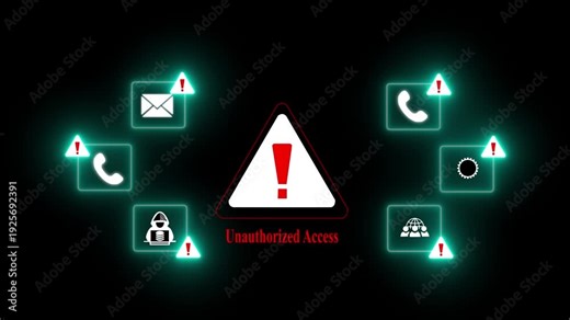 Unauthorized Access Alert Warning Message Attack on World map. Wire frame Radar Network Seamless loop Motion Background. UI Elements HUD Sci Fi interface. Dives hacking concept.