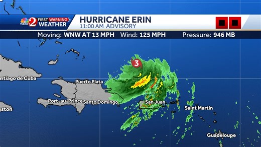 25K views · 94 reactions | Latest radar loop on CAT3 #Erin shows bands of heavy rain hitting Puerto Rico and the Dominican Republic right now as the storm moves WNW at 13 mph. Winds are at 125mph. Stay with #weshwx for updates. | Tony Mainolfi, WESH | Facebook