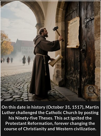On October 31, 1517, Martin Luther, a German monk, famously challenged the Catholic Church by posting his Ninety-five Theses on the door of the Castle Church in Wittenberg, Germany. 📜 He criticized the sale of indulgences—documents sold to reduce time in purgatory—and argued that salvation comes by faith alone, not money. This bold move sparked the Protestant Reformation, reshaping Christianity and shaking the foundations of European religious and political power. ⛪️ Though it's debated whether