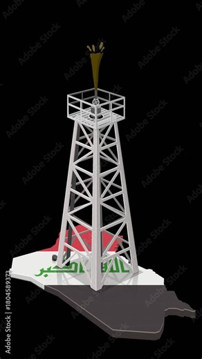 Looping 3D animation of an oil drilling rig on the Iraq flag map. Crude oil erupts. Energy or Middle East economy topics on green screen with alpha channel.