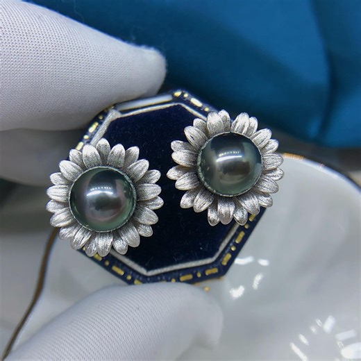 8.8mm Tahitian Green Pearl Earring Stud Intense Black Green Color Super High Luster - Etsy