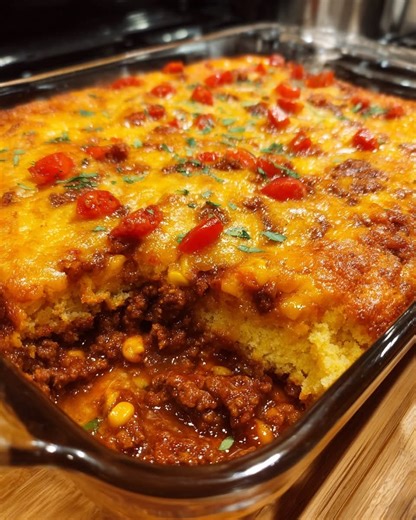 Cheesy Chili Cornbread Bake Ingredients 1 pound lean ground beef 1 (28 oz.) can crushed tomatoes 1 (15 oz.) can red enchilada sauce 1 (15.5 oz.) can kidney beans, rinsed and drained 1 (8.5 oz.) package corn muffin mix 2 cups Mexican cheese blend, grated, divided 1/3 cup milk 1 onion, finely chopped 1 jalapeño, seeds and ribs removed, finely chopped 1 egg 2 teaspoons cumin 2 teaspoon chili powder 1 teaspoon garlic powder kosher salt and freshly ground pepper, to taste Directions: Preheat oven to 