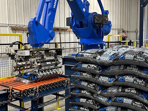 Fully Automated Mulch & Soil Bagging Line - Hopper, VF & HFFS, Robotic Palletizer & Stretch Wrapper