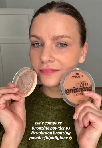 Let’s compare ✨ Bronzing powder vs Revolution bronzing powder/highlighter 👌 @essence.cosmetics Revolution bronzing powder #makeup #tiktokmakeup #trend #glowup #tan