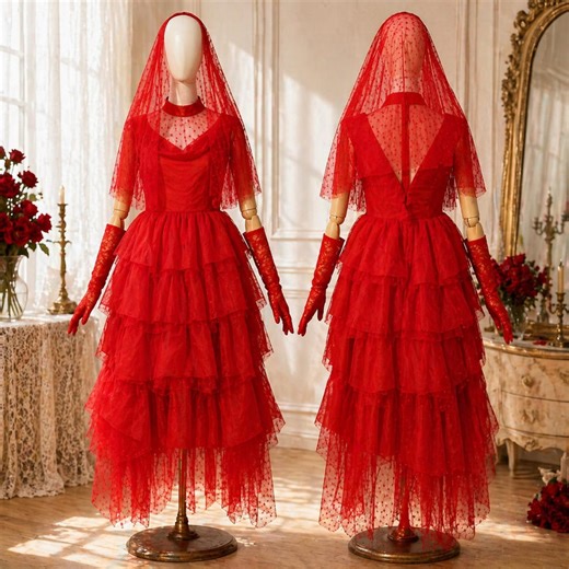 Lydia Deetz Costume, Red Wedding Dress Gothic Bride Cosplay - Outfit Gift - Etsy