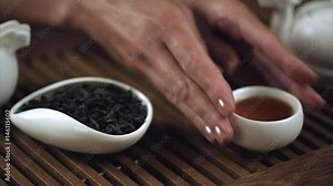 Traditional chinese tea ceremony. Close up of female hand set chinese tea cup. Chinese ceremony of drinking tea. Serving tea drinking