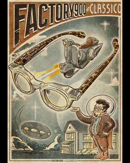 FACTORY900 x CLASSICO / FACTORY900 x CLASSICO 雙品牌聯名限定配色 RETRO 系列皇冠膠框 RF-038 型號，限定 30 支。 ( 附贈 T-SHIRT、海報 2 張、飛碟包裝眼鏡盒 ) 購買地點 : Futuro Retro by Classico Graphic Design by @tzouda Motion Design by @_guohy_ @kingcraft.eyewear @factory900 www.classico.com.tw #classico #factory900 #eyewear | Classico