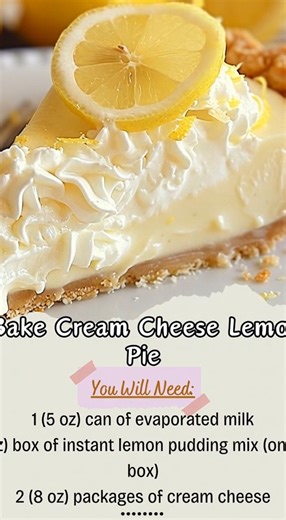 This No-Bake Cream Cheese Lemonade Pie is a refreshingly sweet and tangy treat that requires no oven time, making it the perfect dessert for warm days. 🍋 No-Bake Cream Cheese Lemonade Pie Ingredients For the Creamy Filling: 1 (5 oz) can evaporated milk. 1 (3.4 oz) box instant lemon pudding mix. 2 (8 oz) packages cream cheese, softened. ½ cup frozen lemonade concentrate, thawed. The Crust & Garnish: 1 graham cracker pie crust (9-inch). Whipped topping or heavy cream for piping. Fresh lemon slice