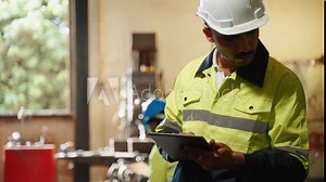 The factory engineer is checking the list to inspect the factory machinery and mechanical arms so that they are in ready-to-use condition.