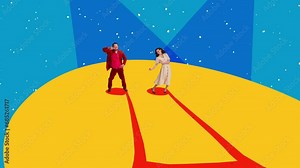 Retro dance. Couple of dancers dressed in 70s, 80s fashion style dancing rock-and-roll on bright background with drawings. Minimalism. Art, fashion and music. Magazine style. Stop motion, animation.