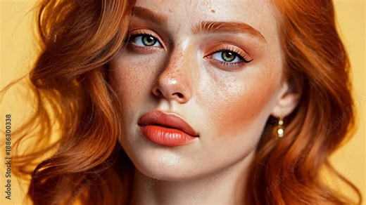 Elegant redhead woman with freckles displaying subtle emotional changes in closeup portrait sequence