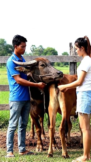 The bull kisses the female cow's tail fro37