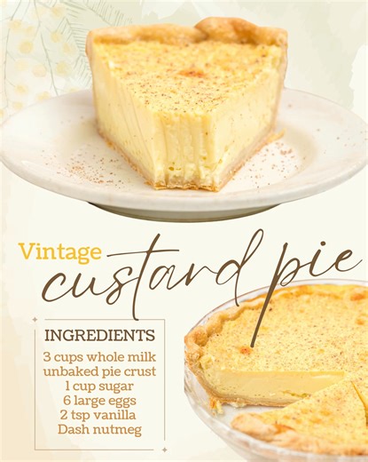 Grandma’s Custard Pie = Old-Fashioned Comfort in Every Bite!! Ingredients 3 cups milk 1 cup sugar 6 large eggs 2 tsp vanilla Dash of nutmeg 1 pie crust | Very Best Recipes