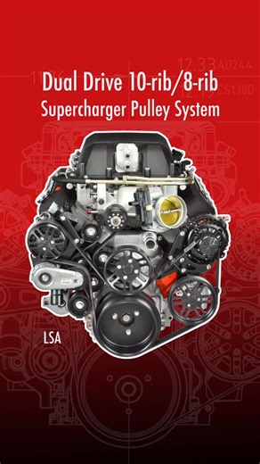 DUAL DRIVE: MAX10R is two LS supercharger drives in one. A dedicated 10-rib belt drives your supercharger while an 8-rib belt drives all accessories. C1Pulleys.com #lsa #superchargedv8 #harrop #whipple #magnusonsuperchargers | Concept One Pulley Systems